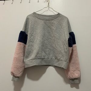 Grey, pink, and purple crewneck sweater